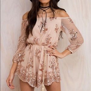 ROSE GOLD NUDE SEQUIN OFF SHOULDER ROMPER SZ M